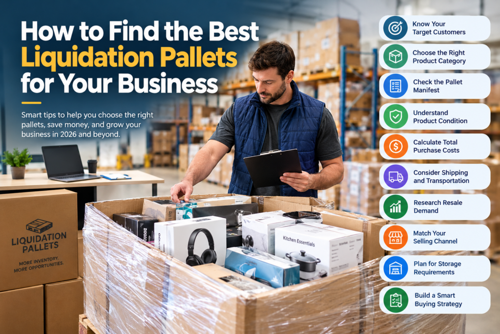 How to find the best liquidation pallets for your business, featuring a reseller inspecting wholesale liquidation inventory in a warehouse.